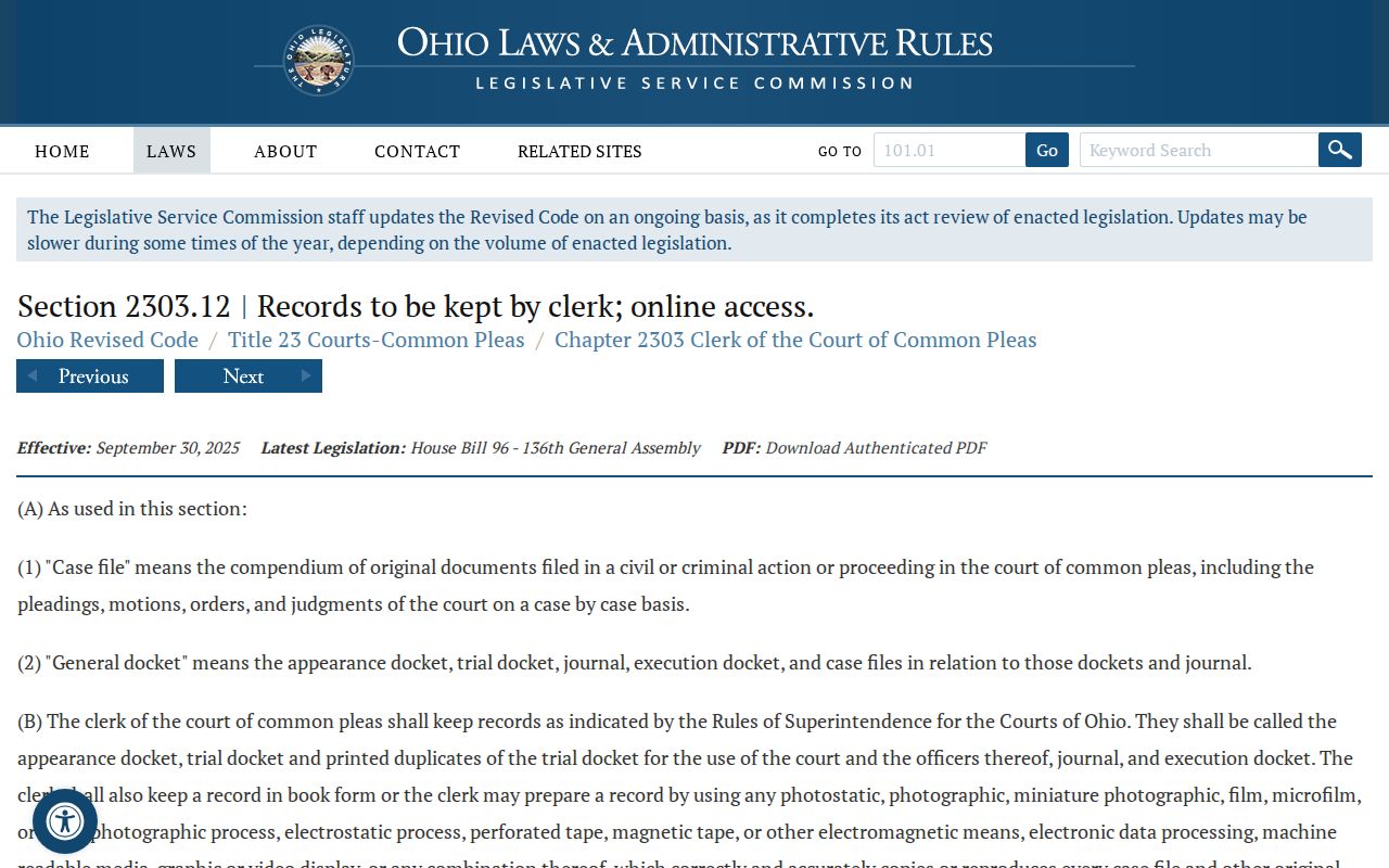 Perry County court case records Common Pleas clerk recordkeeping statute